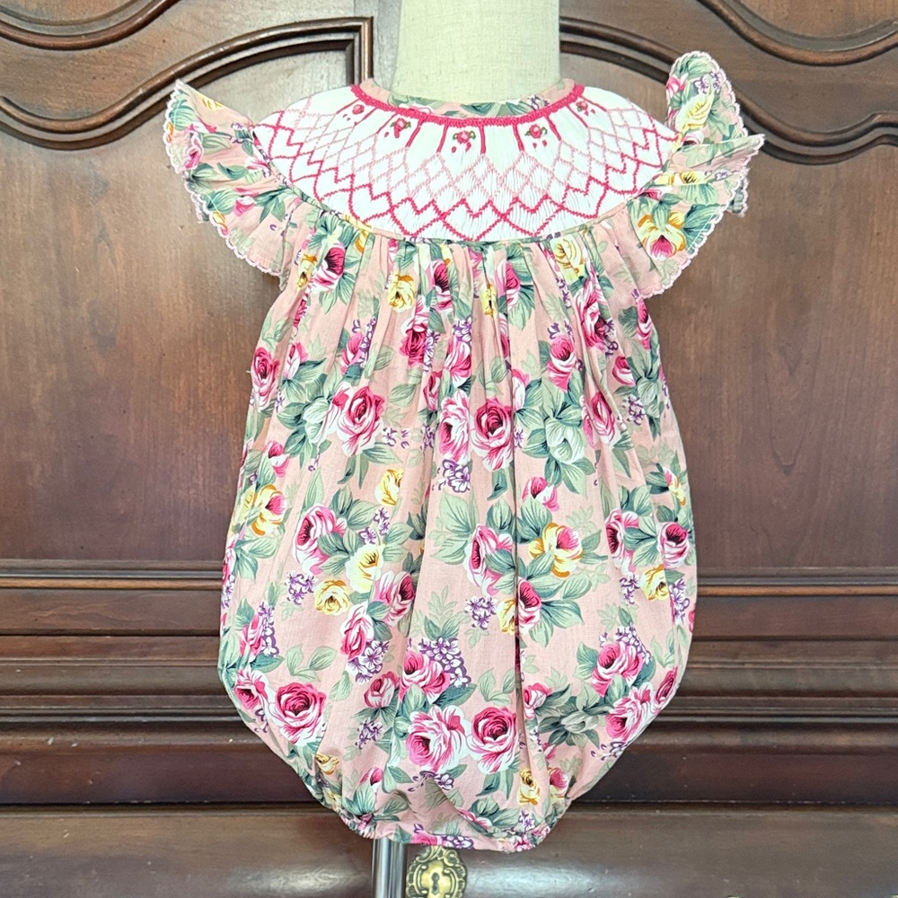 Babeeni Smocked Floral Bubble Romper 18M Pink Rose Smocked Boutique Baby Girl